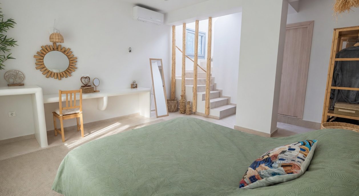 Alyki_Residences_nr3_downstairs_bedroom_staircase_natural_light_paros_holiday_rentals_greek_villa_paros